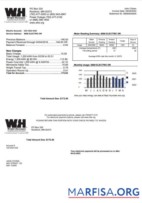 Realistic USA Minnesota Wright Hennepin utility bill template in Word and PDF format